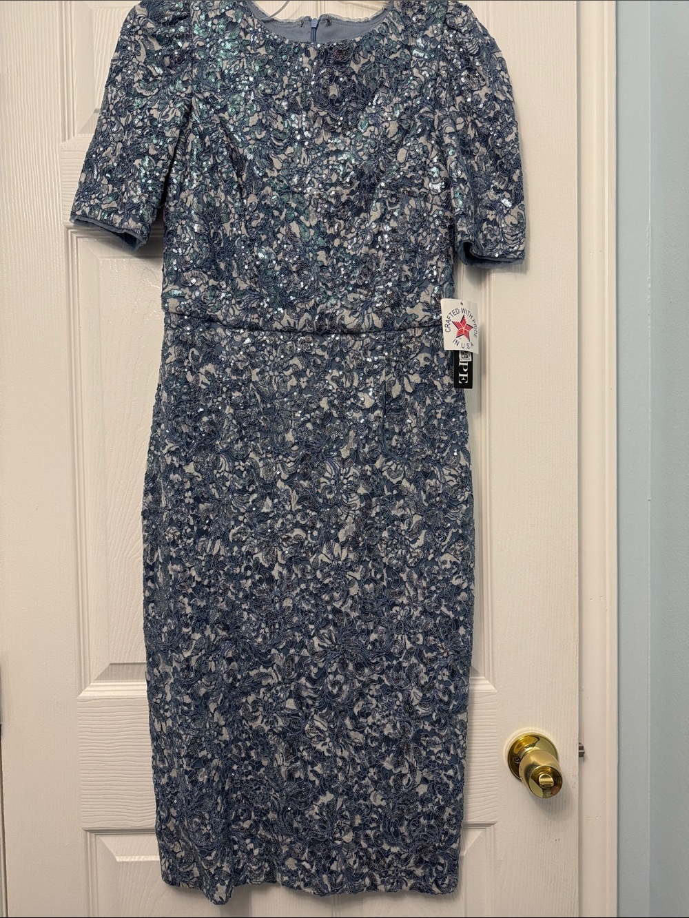 Xscape Navy Blue Sequin Floral Lace Midi Dress